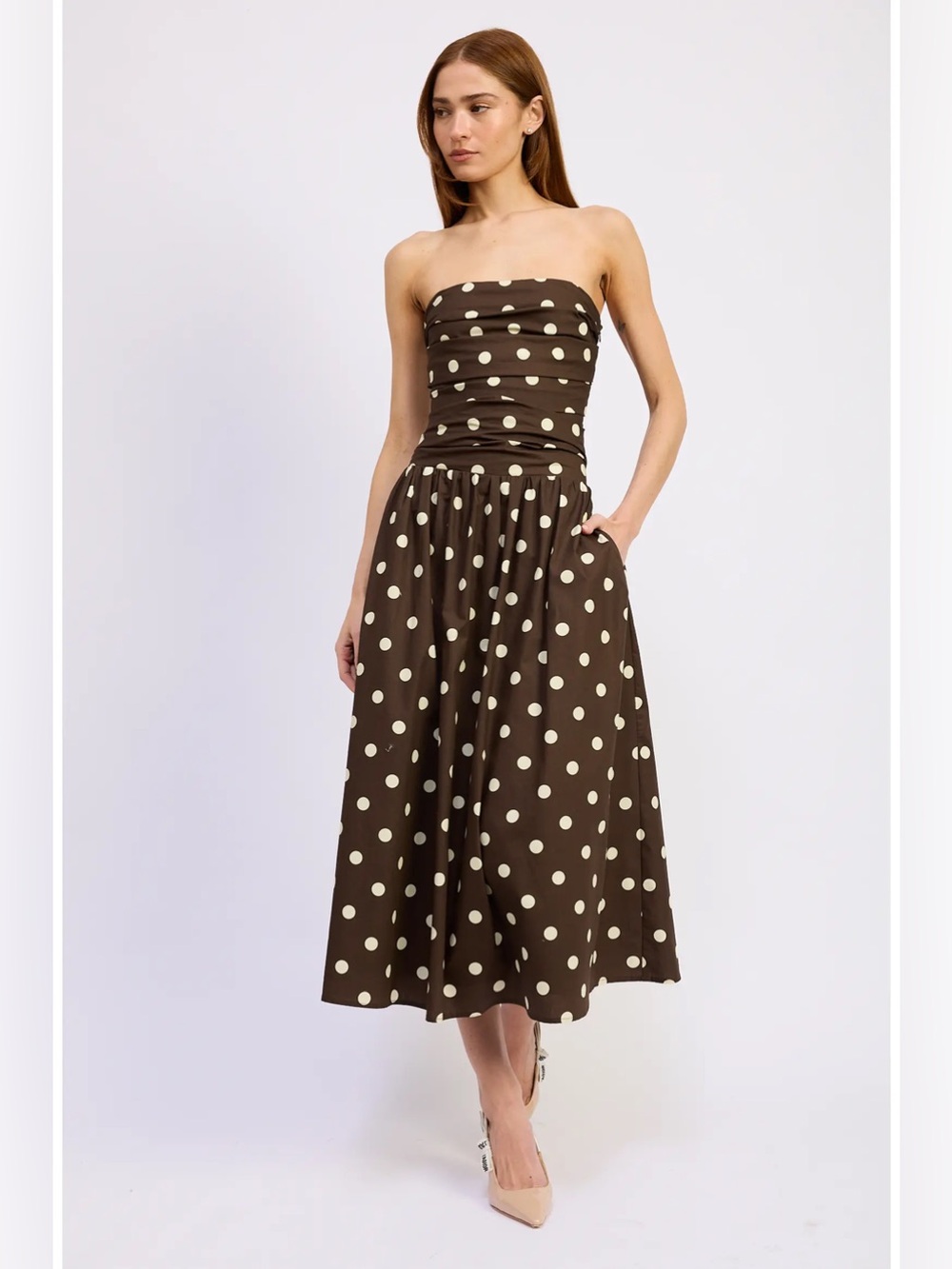 En Saison Brown Strapless Polka Dot Midi Dress with Cream Dots (Straps included) - Picture 4 of 6